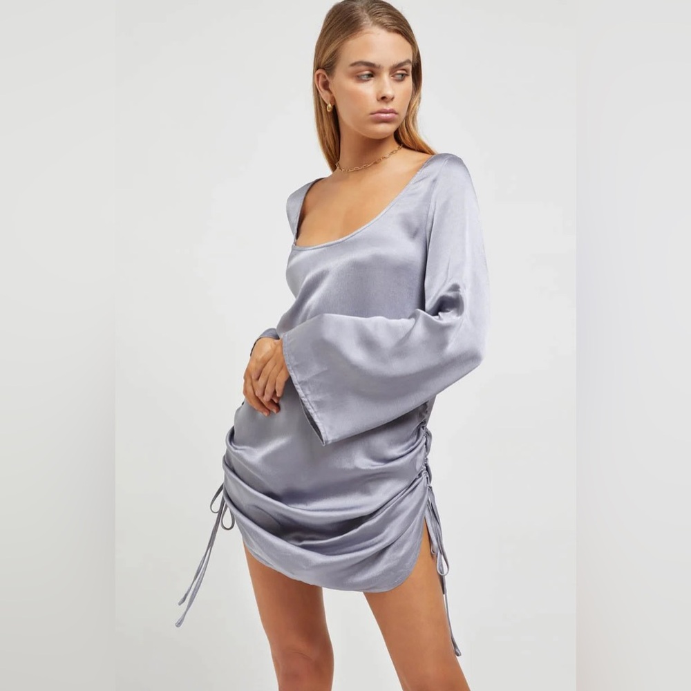 SNDYS. Revolve Rosalie silky satin mini dress low back ruched sides indie fairy